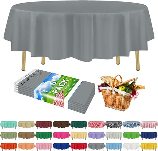 ZIMPLEWARE Premium Silver Plastic Table Cloth Disposable (6 Pack) Round Tablecloth (84in) Party Table Cloths Disposable, Perfect Table Cloth Round Cover for Any Table Up to 6 Feet