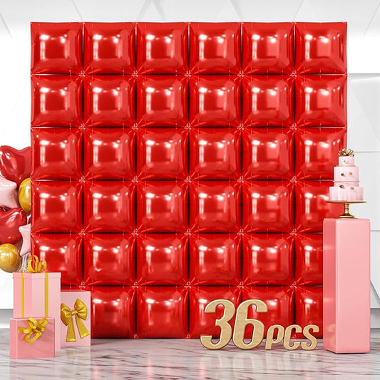 NISOCY 36PCS Red Square Foil Balloons Wall Backdrop Metallic Double Sided Red Christmas Balloons Tunnel Arch Kit for Birthday Baby Shower Valentine‘s Day Party Decoration