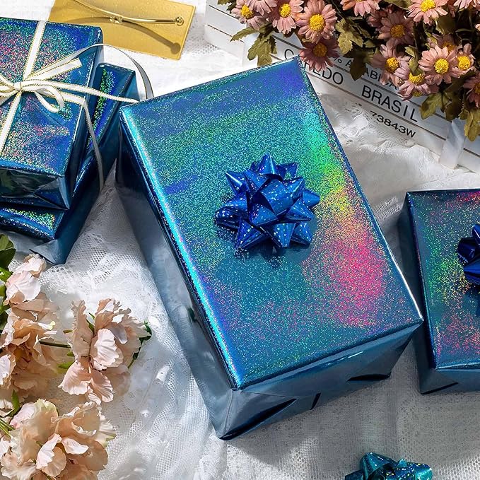 Burymento Blue Wrapping Paper Roll, Metallic Holographic Point Gift Wrap for Birthday, Valentines, Mothers day, Graduation, Wedding, Fathers day, Baby Shower, Christmas (17 IN x 32.8 FT)