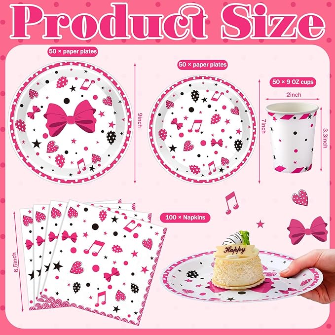 Domensi 250 Pcs Pink Cartoon Birthday Decorations Serves 50 Guests Pink Cartoon Theme Tableware Set Include Disposable Paper Plates Napkins and Cups for Baby Shower Party Supplies