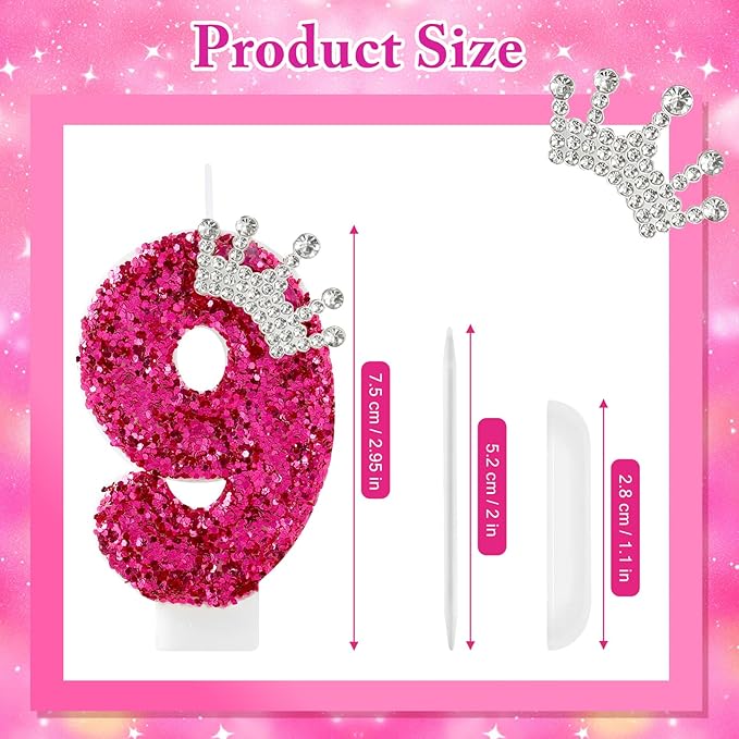 AKURIEEY Hot Pink Birthday Candles Crown Number 9 Candle Birthday Party Decorations Cake Topper Cupcake Decor for Anniversary Celebrations Supplies