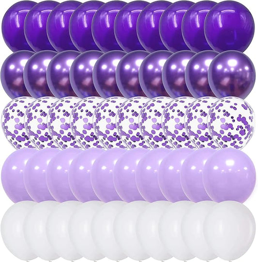 Balloon Purple and White, 60 Packs 12 Inch Dark Purple Light Purple Metallic Chrome Purple Confetti Balloons Set for Halloween Birthday Graduation Bridal Shower Wedding Party Decorations