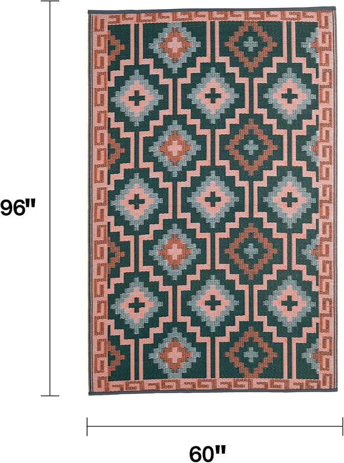 Fab Habitat Outdoor Rug - Waterproof, Fade Resistant, Crease-Free, Reversible - Premium Recycled Plastic - Vintage Boho Kilim - Patio, Porch, Deck, Balcony - Lhasa - Green - 5 x 8 ft