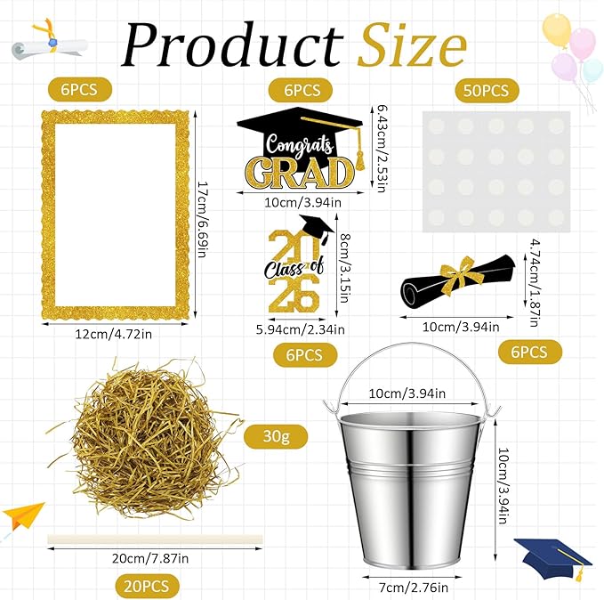 Foilswirl 6 Set 2026 Graduation Table Centerpieces Photo Table Toppers with Small Galvanized Buckets and Shredded Paper Filler for Class of 2026 Graduation Party Decoration(Yellow)