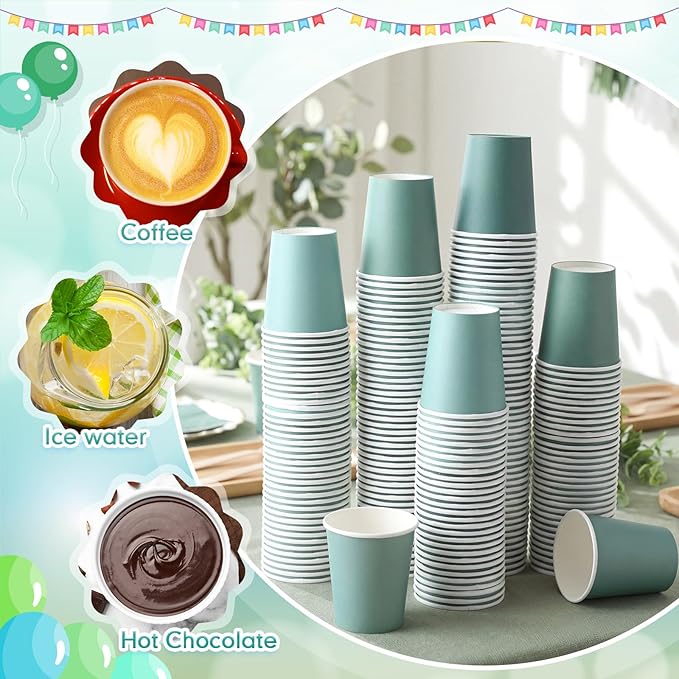200 Pcs Sage Green Paper Cups 7 oz Disposable Party Cups Bulk for Birthday Rainbow Party Supplies DIY and Holiday Hot Cold Beverage