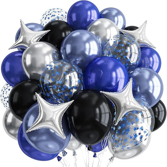 Blue and Black Balloons, Pearl Navy Blue Black Silver Dark Blue Star Confetti Latex and Foil Star Graduation Balloons Set for Boy Men Galaxy Space Birthday Wedding Class of 2026 Party Decorations