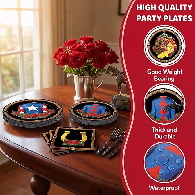 100Pcs Derby Day Party Plates Horse Racing Party Supplies Race Days Jockey Attire Disposable Tableware Set Racing Horse Roses Dinnerware for Derby Day Celebrations Parties Supplies Serves 25