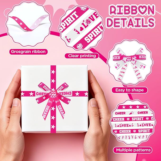 6 Rolls Cheer Ribbon Set, 3/8 Inch x 5 Yard Sports Cheerleading Ribbons, Pink and White Grosgrain Ribbons for Gift Wrapping, Crafting Sewing, Hair Bow Cheerleader Accessories