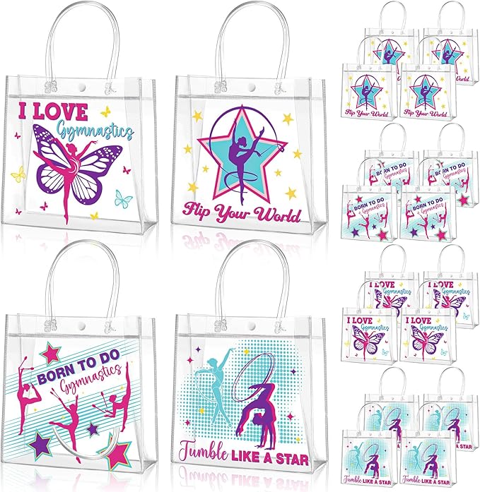 Aliceset 20 Pcs Gymnastics Clear Favor Bags With Handles Gymnastics Birthday Party Decorations Gymnast Gifts Bags for Team Coach Goodie Snack Candy, 8x8x3.15 inches