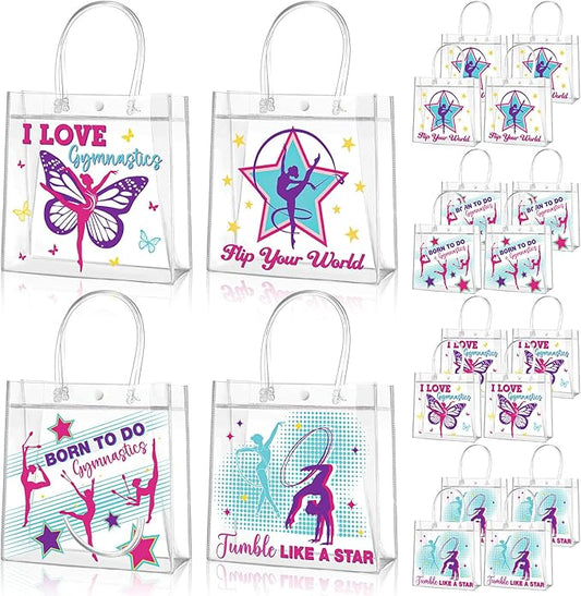 Aliceset 20 Pcs Gymnastics Clear Favor Bags With Handles Gymnastics Birthday Party Decorations Gymnast Gifts Bags for Team Coach Goodie Snack Candy, 8x8x3.15 inches