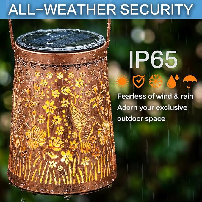 LeiDrail Hummingbird Solar Lanterns Outdoor 2 Pack, Hanging Waterproof Vintage Metal Lantern, Auto On/Off Garden Patio Yard Porch Pathway Decor, Warm White LED, Gifts for Women Mom Grandma