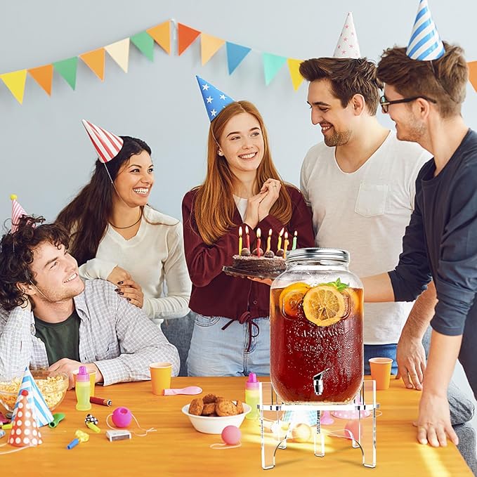1 Gallon Glass Drink Dispenser with Acrylic Stand, Airtight & Leakproof Lemonade Sun Tea Jar with Lid and Spigot, Beverage Dispenser for Parties, Weddings, Lemonade & Laundry Detergent Dispenser