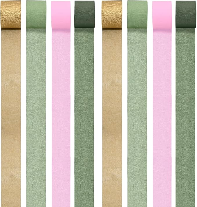 8 Rolls Moss Sage Green and Pink Crepe Paper Streamers for Wedding, Bridal Shower, Engagement Party Decorations - 82 Ft Long Boho Party Supplies