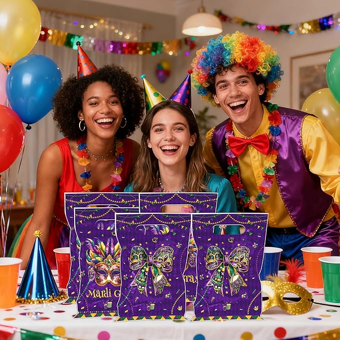 MOIZYNG 50 Pcs Mardi Gras Gift Bags with Handles, Purple Green Masquerade Mask Bow Plastic Treat Goodie Bags for New Orleans Carnival Birthday Mardi Gras Party Favors Supplies