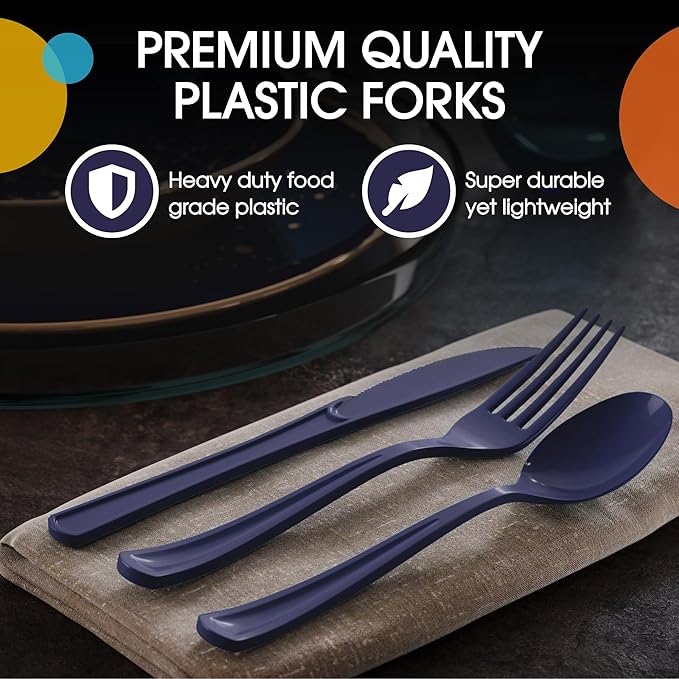Party Solids Navy Plastic Silverware Heavy Duty 150 Pieces Navy Disposable Silverware Heavy Duty, Utensil Sets, 50 Of Each Forks, Knives & Spoons Disposable Cutlery Set For Party Supplies