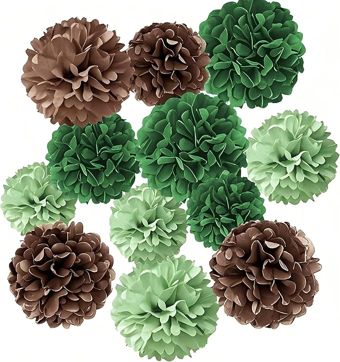 Tissue Paper Pompoms Paper Flower 12 Pcs Green Brown Paper Flower Ball for Birthday Party Baby Shower Bridal Shower Party Decoration