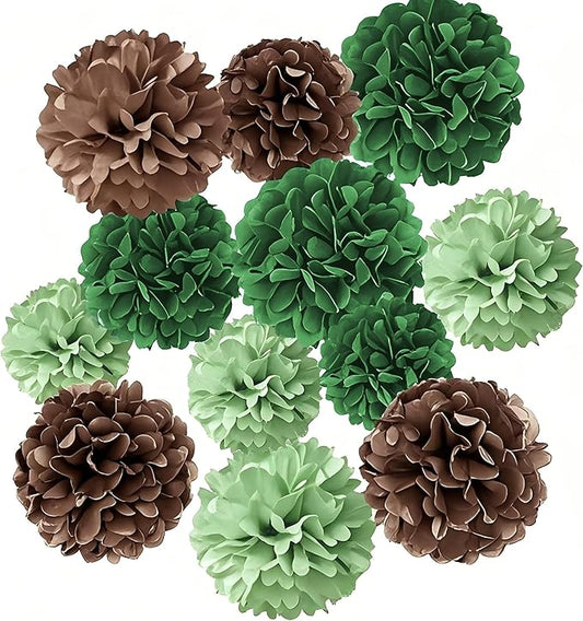 Tissue Paper Pompoms Paper Flower 12 Pcs Green Brown Paper Flower Ball for Birthday Party Baby Shower Bridal Shower Party Decoration