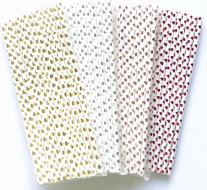 100 pcs Mixed Glitter Colorful Party Paper Straws, Metallic Rose Gold Golden Silver Red Foil Heart Drinking Straws, Valentine Anniversary Wedding Valentine's Day Cake Pop Sticks (Metallic Heart)