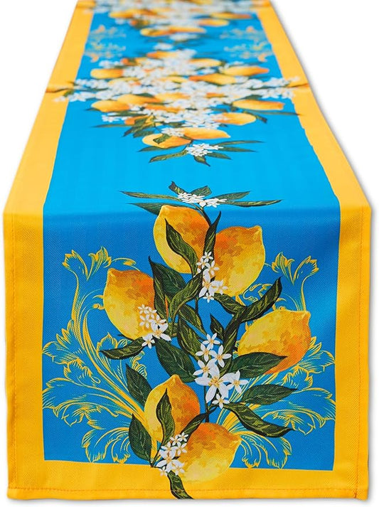 YiHomer Provence Blue Lemon Mediterranean Tile Tabletop for Spring Summer Decorations, Picnics and Dinner Parties - Indoor Outdoor, Stain and Water Resistant, Table Runner, 14 x 72