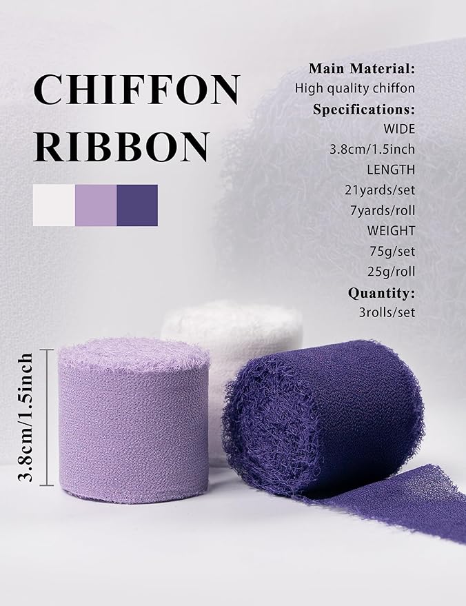 Chiffon Ribbon, Purple White 1.5''x21Yd Frayed Fringe Silk Ribbon for Gift Wrapping, Handmade Ribbons for Crafts, Wedding, Halloween, Birthday, Graduation, Engagement, Bridal Shower, 3 Rolls