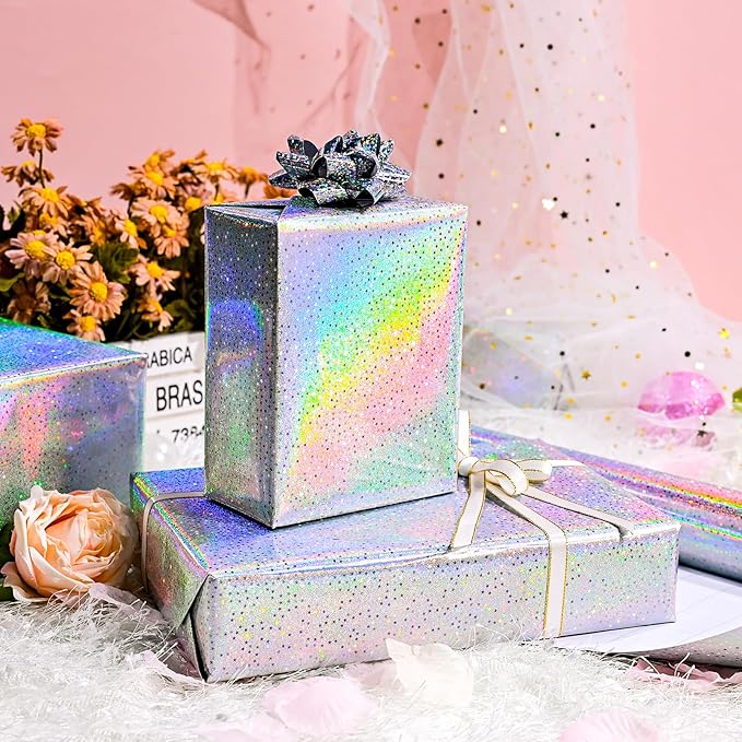Burymento Silver Wrapping Paper Roll, Metallic Holographic Star Gift Wrap for Birthday, Valentines, Mothers day, Graduation, Wedding, Fathers day, Baby Shower, Christmas (17 IN x 32.8 FT)