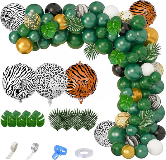 Amandir 152Pcs Jungle Safari Balloon Garland Arch Kit, Gold Dark Green Animal Balloons Artificial Tropical Palm Leaves Decorations Boy Girl Wild One Birthday Party Supplies