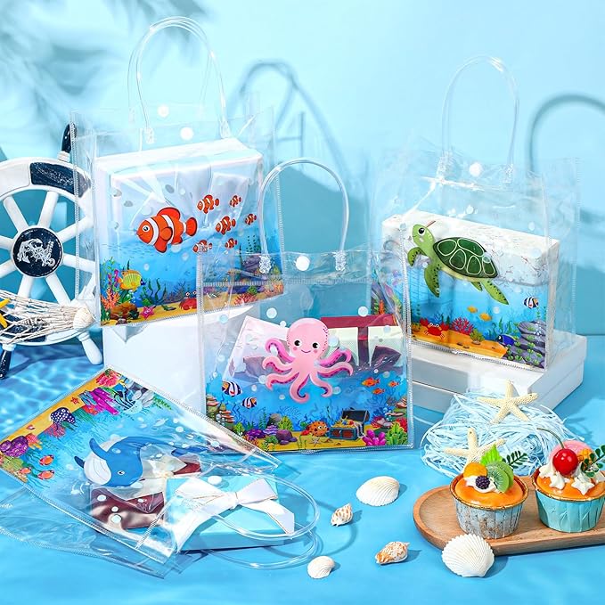 Aliceset 20 Pcs Under the Sea Party Clear Favor Bags with Handles Sea Party Candy Treat Bags Marine Ocean Animals Theme Goodies for Birthday Baby Shower Supplies Candy Snack Wrapping