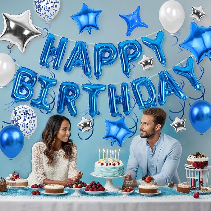 56 PCS Happy Birthday Balloons Happy Birthday Banner Silver and Black Balloons for Boys Men Girls Women 16th 18th 20th 21st 25th 30th 40th 50th 60th Birthday Party Decorations (Blue)