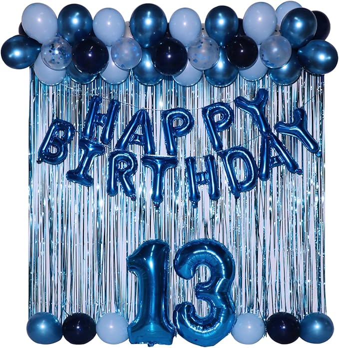 13th Birthday Decorations for Boys 13th Birthday Balloons 13 Cake Topper Happy Birthday Banner Blue Streamers Happy 13th Birthday Decorations