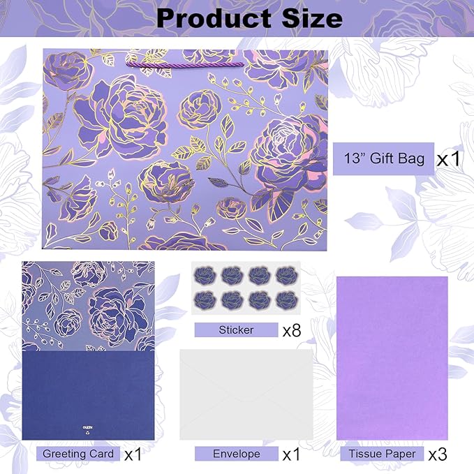Oletx 13" Gold Purple Flower Paper Gift Bags,Happy Birthday Gift Bags with Tissue Paper Greeting Card for Women's Birthday Party, Wedding Anniversaries,Mother's Day,Valentine's Day