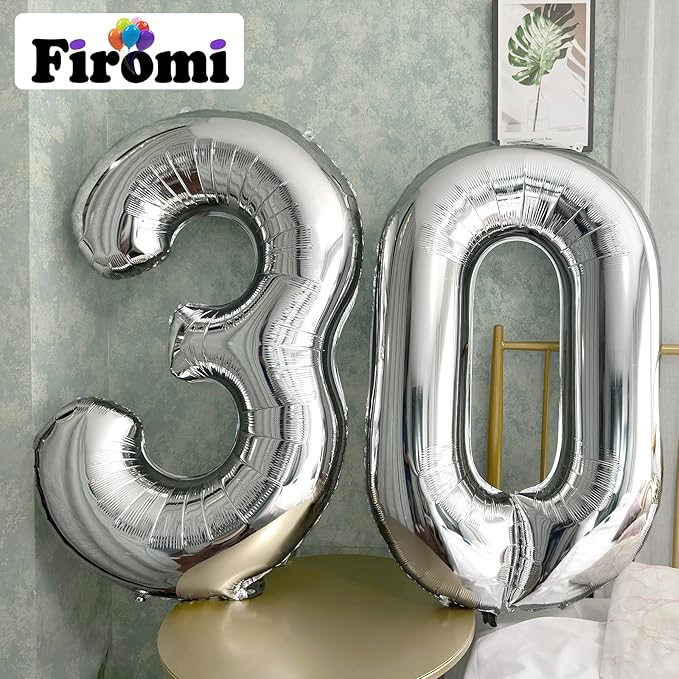 FIROMI 30 Number Balloons Silver Big Giant Jumbo Huge Foil Mylar 30 Balloon Numbers for 30th Birthday Party Anniversary Events Decorations 40-inches