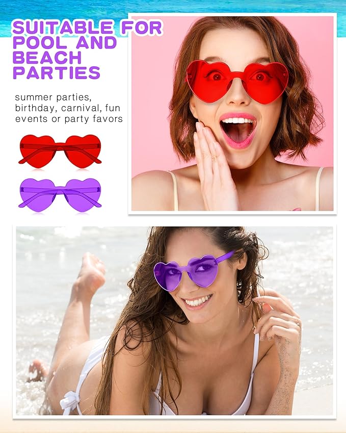 Kingdder 24 Pairs Heart Shaped Sunglasses Rimless Glasses Bulk Candy Color Tinted Eyewear Summer Party Favors