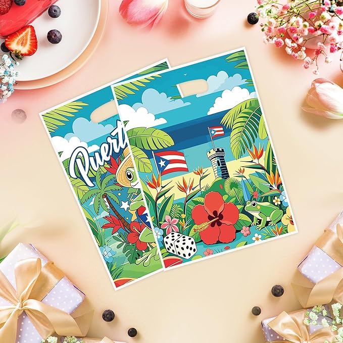 MOIZYNG 50Pcs Puerto Rico Gift Bags with Handles, Tropical Puerto Rican Flag Coqui Frog Plastic Candy Treat Goodie Bags for Birthday Patriotic Festival Party Supplies