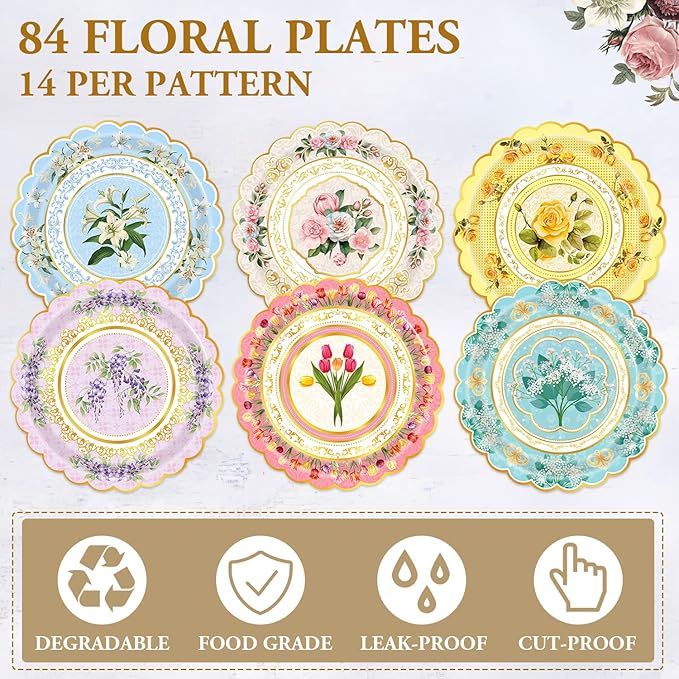 84-Pack Floral Paper Plates, Tea Party Decorations, 9 Inch Disposable Floral Plates for Tea Party, Baby Shower, Bridal Shower, Birthday, Wedding and Any Celebration