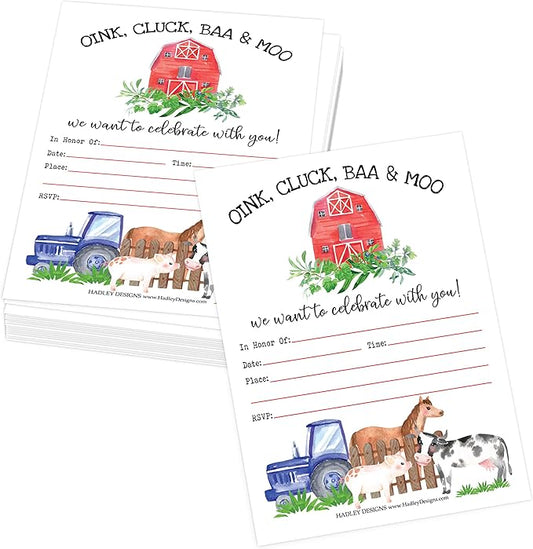 Hadley Designs Kids Birthday Invitations For Boys and Girls Barnyard Theme - 25 Farm Animals Birthday Party Invitations For Boys, Tractor Barn Invites For Girls, Cute Ranch Party Supplies, Made In USA