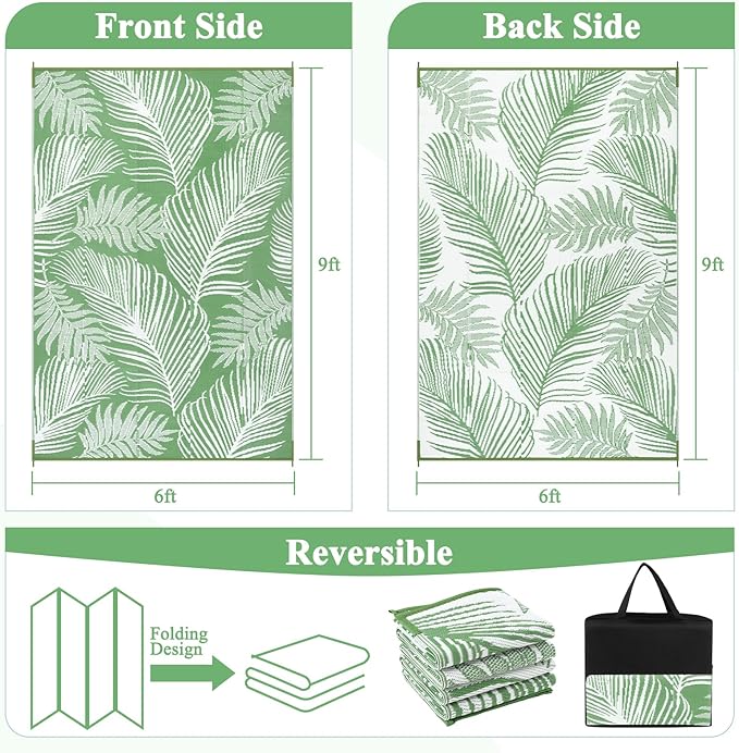 Pauwer Waterproof Outdoor Rug 6x9, Reversible Plastic Straw Patio Camping Rug, Indoor Outdoor RV Mat Carpet for Deck, Camper, Porch, Balcony, Backyard, Picnic, Leaf Green