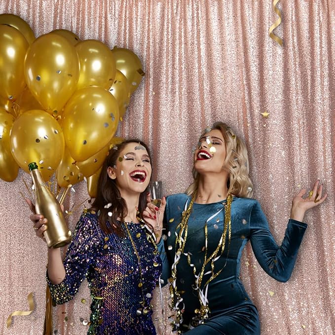PartyDelight Rose Gold Sequin Backdrop 6x8ft - High Density 3mm Shimmer Sequin Background with 4-Inch Rod Pocket Sparkly Photography Curtain for Birthday, Wedding, Bridal Shower & Live Decor