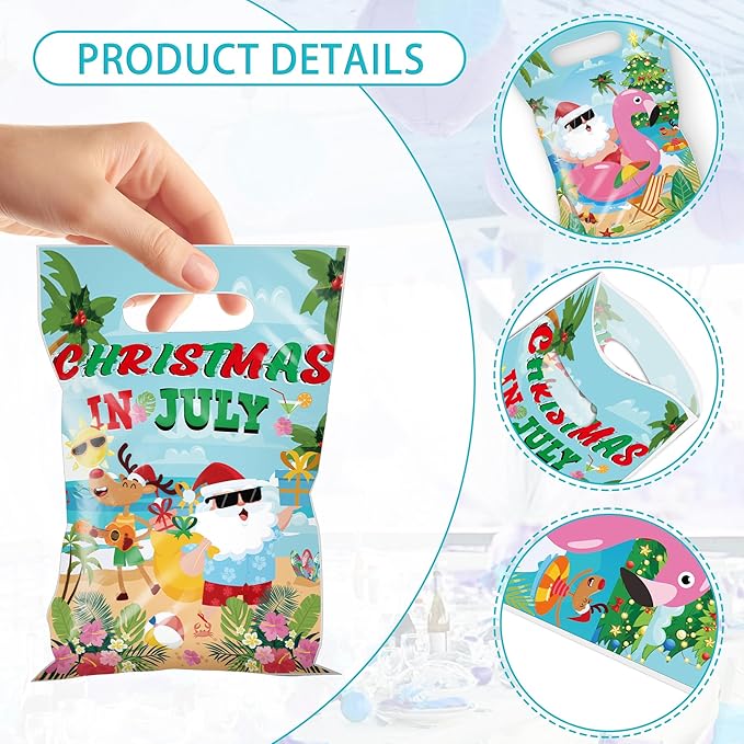 MOIZYNG Christmas in July Decorations, 50Pcs Christmas in July Plastic Candy Treat Goodie Gift Bags with Handles, Summer Hawaiian Beach Pool Party Favors Supplies