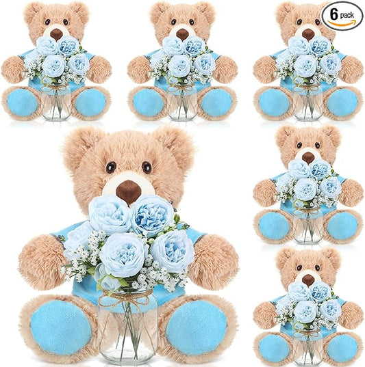 Blue 6 Set Baby Shower Bear Centerpieces for Tables Mason-Style Glass Jars with Artificial Peonies and Baby's Breath Rustic Table Decor for Gender Reveal Party Wedding