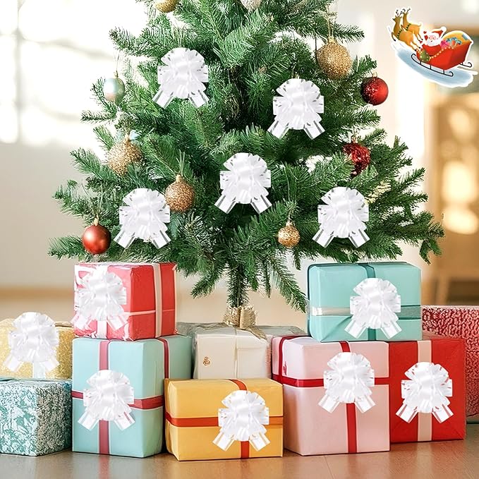 12 Pcs White Gift Bow Pull Bows for Gift Warpping Christmas Warp Ribbon Bow Party Birthday Wedding Solid Bows for Bikes Anniversary Boxes Flower Decorations Valentine's Day (White-E)