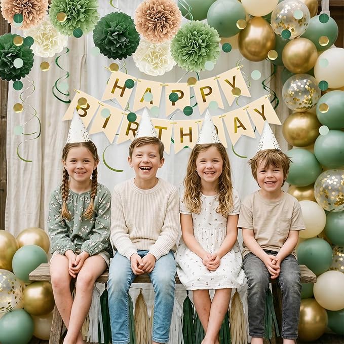 Sage Green Birthday Party Decorations for Women Girls with Happy Birthday Banner,Circle Garland,Tissue Paper Pompoms,Hanging Swirl, Paper Tassel,Decorations Balloons for Party Decor