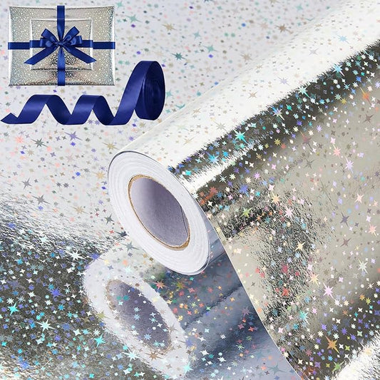 Bafeil Silver Star Wrapping Paper Roll - Metallic Holographic Gift Wrap with Ribbon for Birthday, Mothers Day, Graduation, Wedding, Engagement, Baby Shower, 17 IN x 32.8 FT