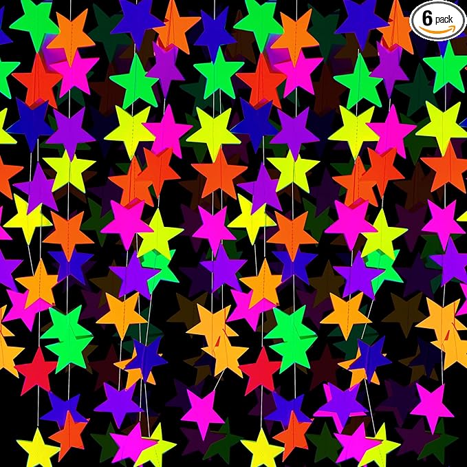 120feet UV Neon Star Garland Hanging Paper Streamers Glow in The Dark Black Light Glow Party Supplies and Decorations Glow in The Dark Garlands Blacklight Reactive Fluorescent Party Kit for Birthday