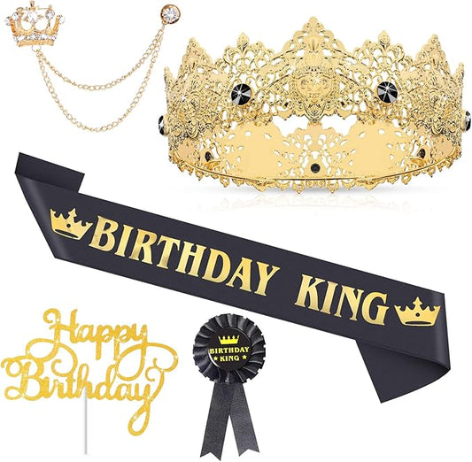 Junkin 5 Pieces Birthday Man Accessories Include King Crown King Sash Tinplate Badge Pin Brooch Hanging Chain Crown for Man Birthday Party(Stylish Style,Small)