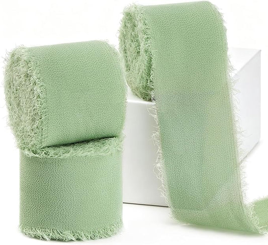 Sage Green Chiffon Ribbon 1.5" x 21 Yd Handmade Fringe Silk Chiffon Fabric Ribbon for Gift Wrapping Wedding Invitation Bridal Flower Bouquet DIY Crafts Home Decor