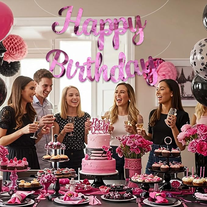 BEISHIDA Happy Birthday Banner - NO DIY,Double-Sided Pink 10Feet Pre-Strung-Glitter Birthday Sign Garland Backdrop Decorations for Women men Party