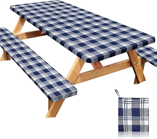 Picnic Table Cover with Bench Covers Windproof Waterproof Picnic Table Covers Camping Tablecloth with Self-Storage Bag, 72in, Blue