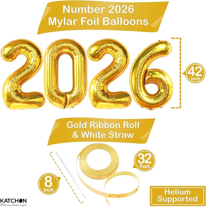 Gold 2026 Balloons 42 Inch, Giant - Gold Graduation Decorations 2026, Foil Number 2026 Graduation Balloons Class of 2026 Decorations | Graduation Party Decorations | Prom Decorations 2026, Katchon