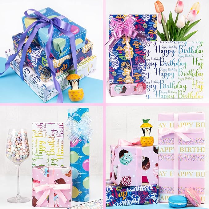 Larcenciel Birthday Wrapping Paper Set - 5 Sheets and 5 Silk Ribbons, Colorful Cupcake Balloon Gift Wrapping Paper, Glossy Coated Gift Wrap for All Girls Boys Women Men Birthdays Party (27.5x19.6inch)