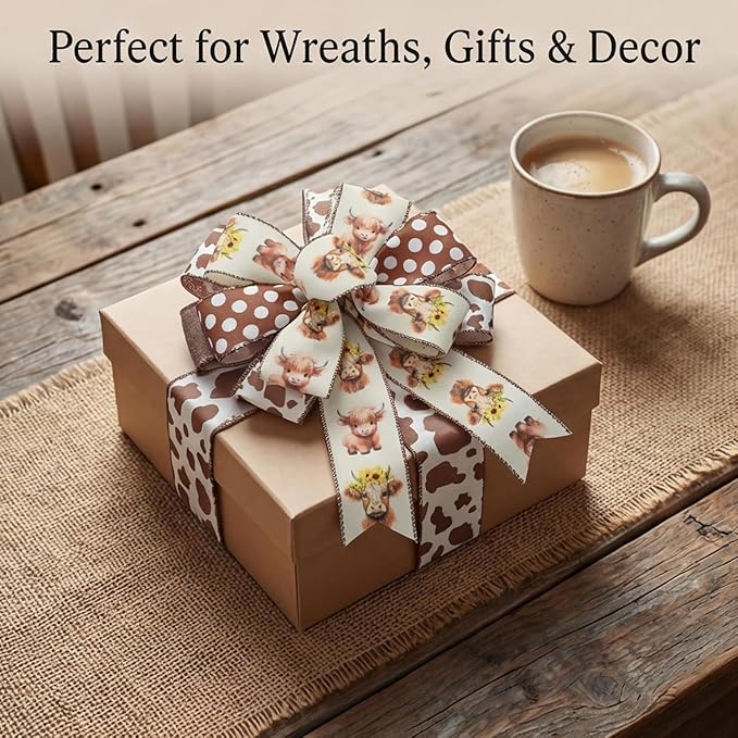 Summer Fall Highland Cow Print Ribbons Wired Edge, 4Rolls, 2.5inch X 20Yards, Brown and Dots Gift Wrapping Ribbons, Home Decor, DIY Crafts, Party Favor, Floral Arrangement Wreath Bow (Brown)